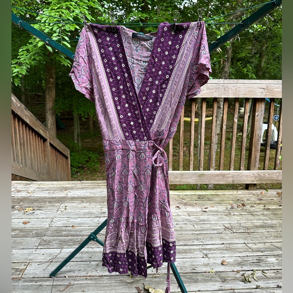 COPY - Zesica Boho pink purple wrap dress cotton size L